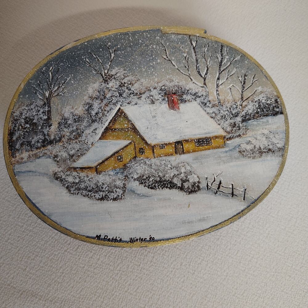 Vintage 1990 Hand Painted Wood Oval Trinket Box Winter Cottage Folk Art Signed